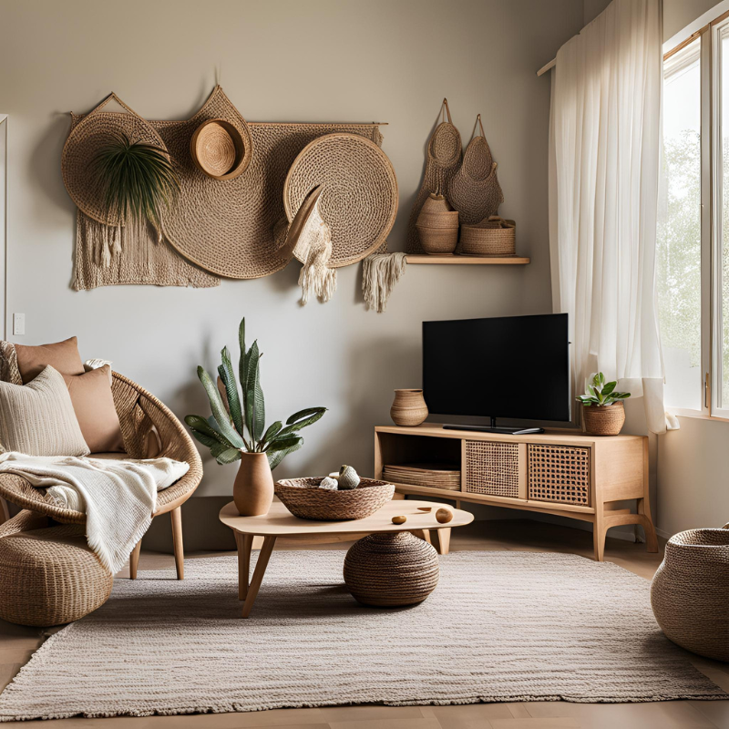 Een woonkamer met geweven producten