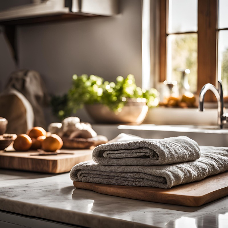 Een aanrechtblad in een keuken met theedoeken