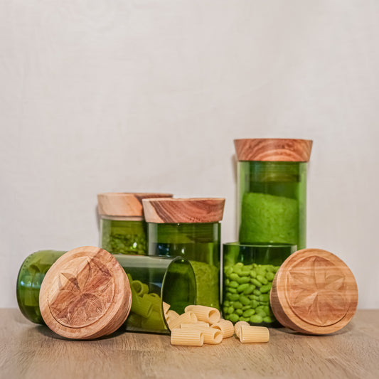 Handgemaakte Hiliki voorraadpotten van gerecycled glas - Cadeaupakket